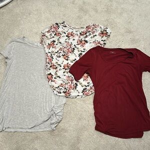 Medium maternity t-shirt bundle of 3. Burgundy, pink floral, and grey.